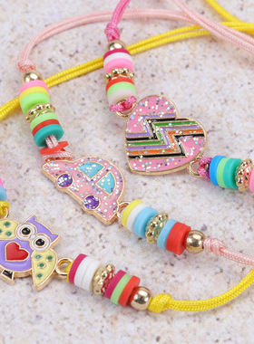 欧美新款金粉蝴蝶彩虹儿童手链七彩软陶编织友谊手链项链套装现货