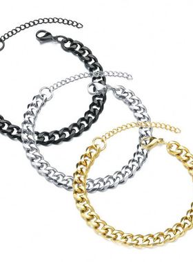 2023金色新时尚古巴链男士项链手链不锈钢3/5/7/9毫米宽链子男士