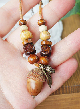 ins木艺皮绳手链女设计感小众百搭气质女生创意手工复古橡果