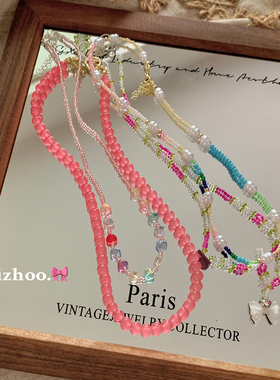 粉色玻璃珠项链女配饰夏天颈链