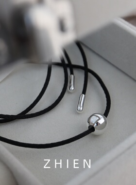 S925纯银圆球系带黑绳项链