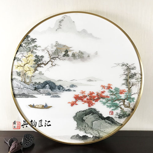 苏绣圆形直径80CM新中式玄关客厅单面绣成品挂画手工刺绣山水花鸟 - 图0