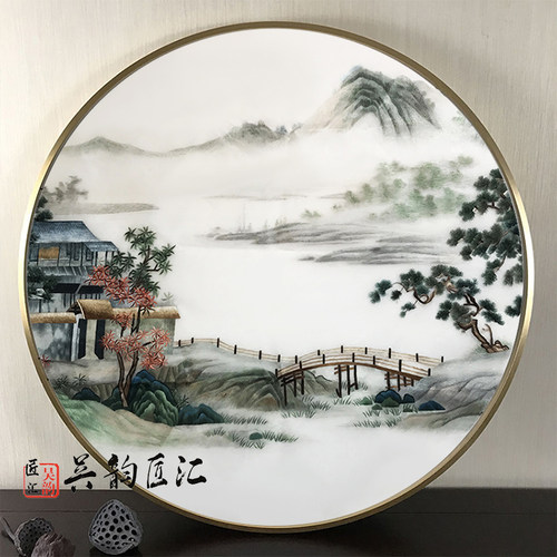 苏绣圆形直径80CM新中式玄关客厅单面绣成品挂画手工刺绣山水花鸟 - 图1