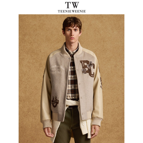 TeenieWeenie小熊男装简约羊毛外套冬季拼色徽章棒球服男士外套 - 图2