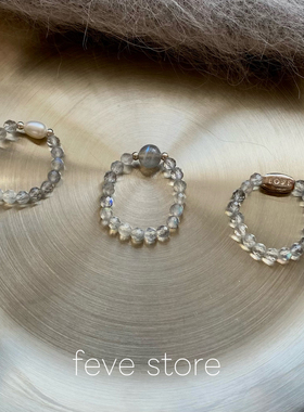 原创清冷感天然灰月光石戒指女小众纯银高级感弹力水晶指环戒圈