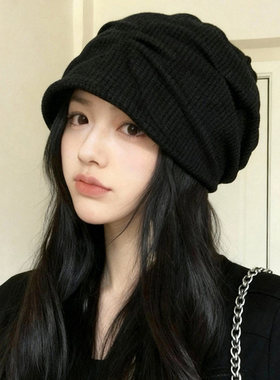 褶皱冷帽女款秋冬小众灯芯绒贝雷帽大头围堆堆帽保暖显脸小包头帽