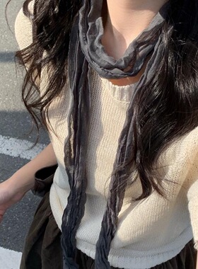 文艺褶皱长条丝巾女秋冬新款时尚围巾高级感系脖领巾波点棕色围脖