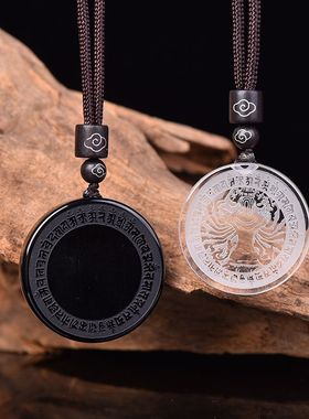 天然白水晶黑曜石准提镜吊坠光面镜子背带千手菩萨门口挂件客厅装