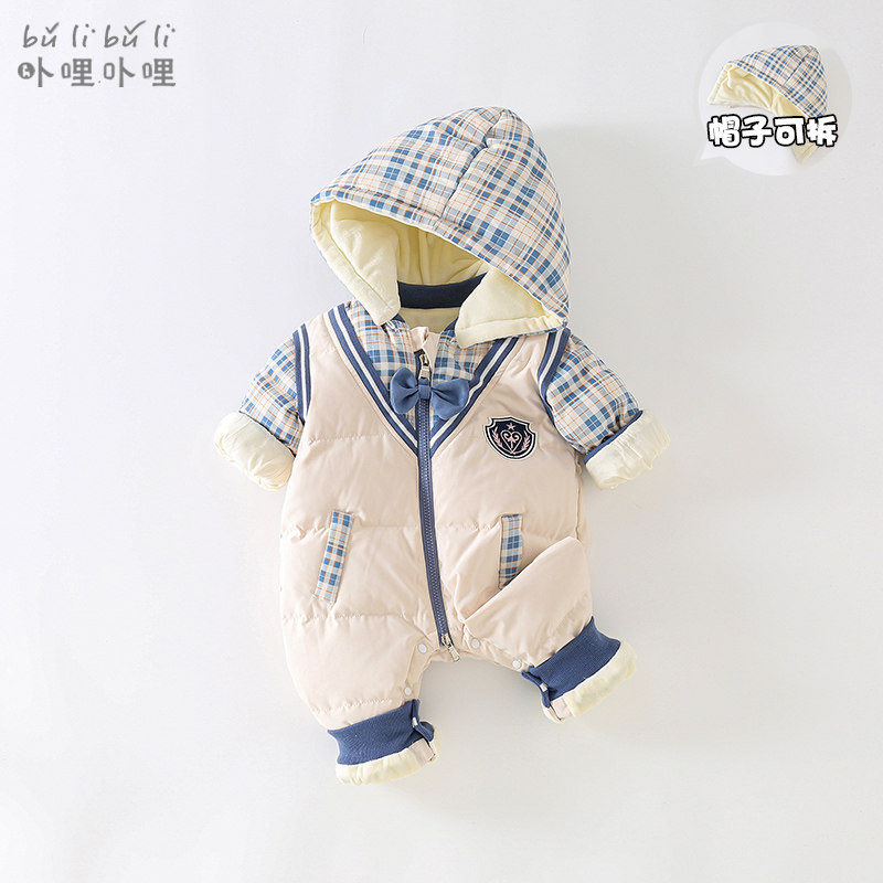 婴儿男宝宝学院风百天周岁羽绒服 卟哩卟哩羽绒连体衣