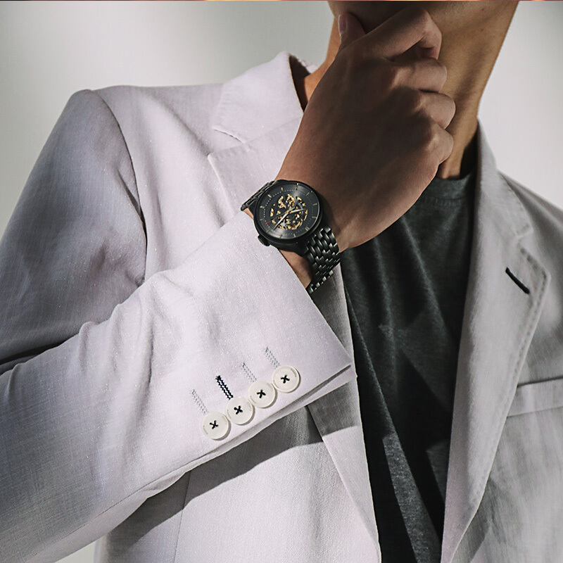 专柜罗西尼手表男士镂空全自动机械表情侣表钢带皮带男表5809B03B