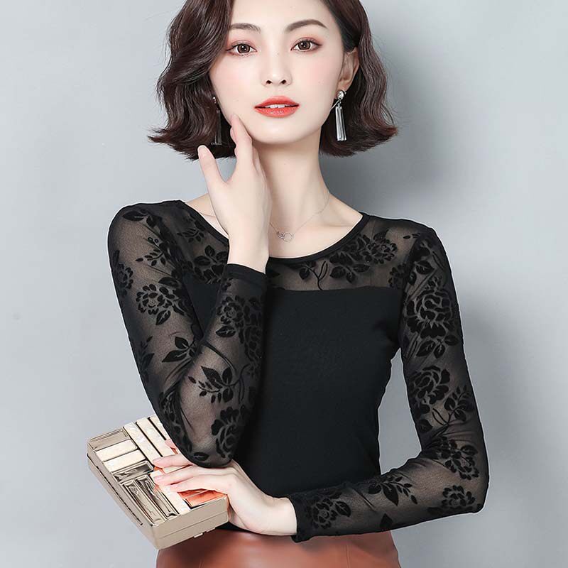 秋装新款修身黑色网纱女长袖t恤 靓妃娅蕾丝衫/雪纺衫