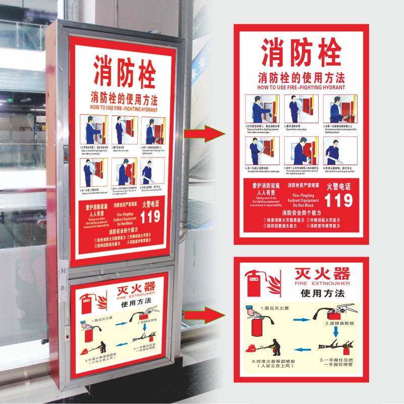 物业商场学校消防栓箱贴纸消火栓灭火器使用说明干粉灭火器自粘贴纸使用操作方法卡通消防创意消防标识标牌-图2