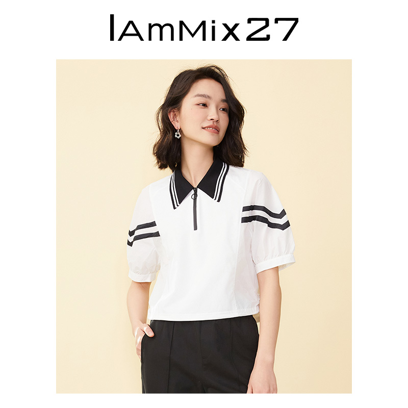 IAmMIX27夏季套头上衣女短款宽松休闲条纹拼接polo领针织衫女短袖