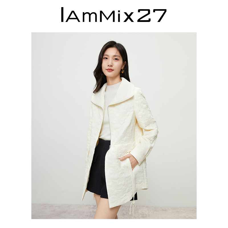 IAmMIX27秋冬大翻领薄棉衣女中长款休闲百搭白色夹棉刺绣棉服外套