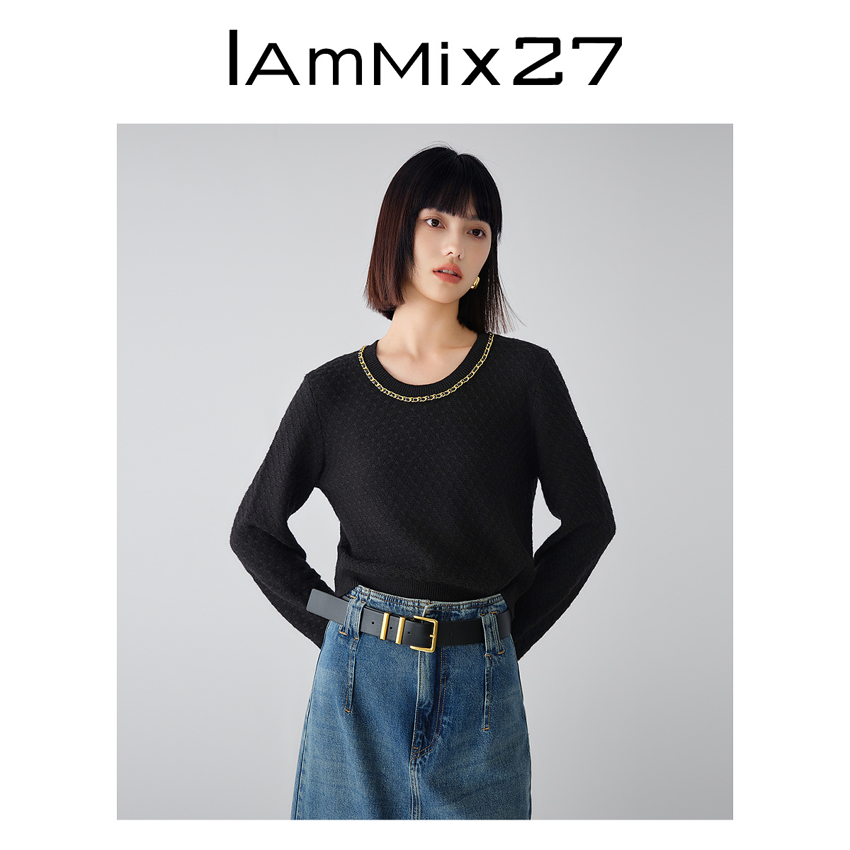 IAmMIX27春秋圆领毛衫女长袖短款内搭显瘦叠穿绵羊毛套头针织衫女 - 图1