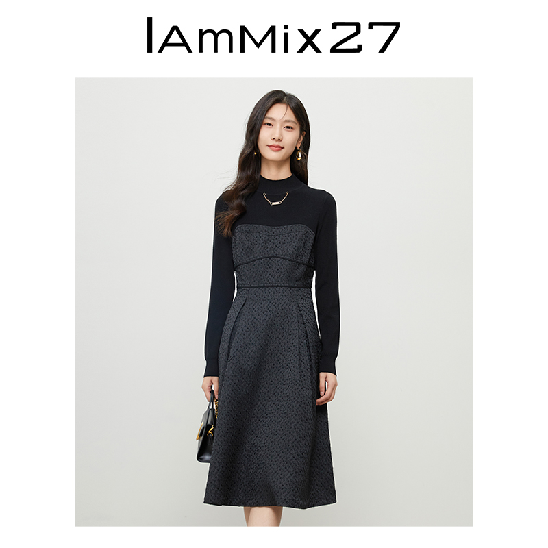 IAmMIX27秋冬半高领连衣裙女长袖修身显瘦黑色针织假两件中长裙子