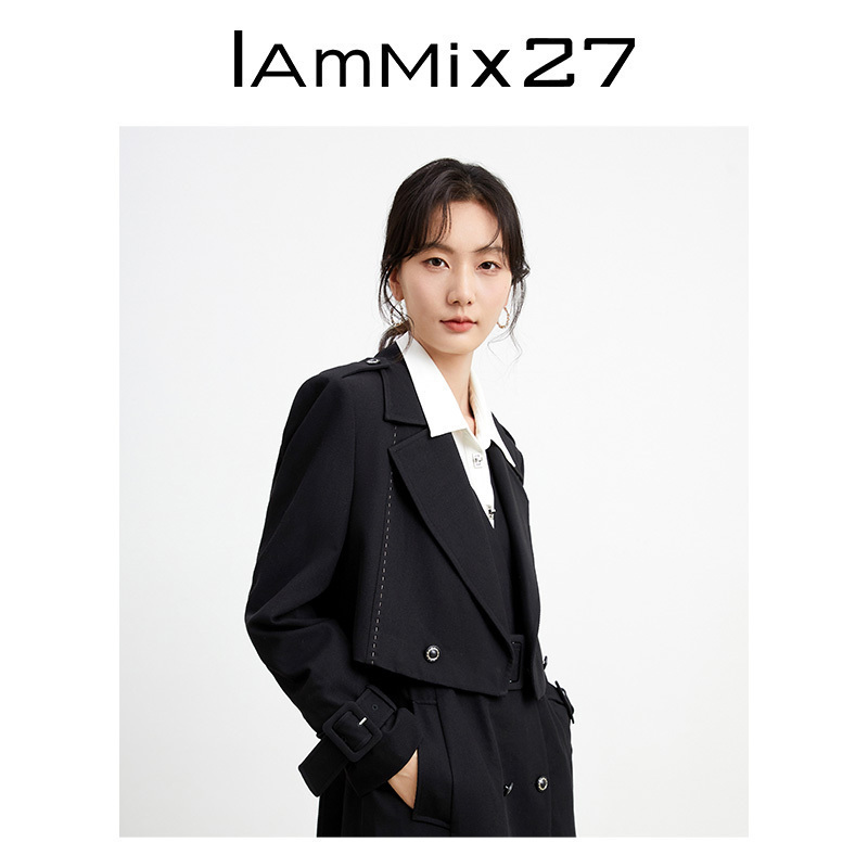 IAmMIX27春秋休闲小西服女短款小个子显瘦简约百搭通勤黑色短外套-图1