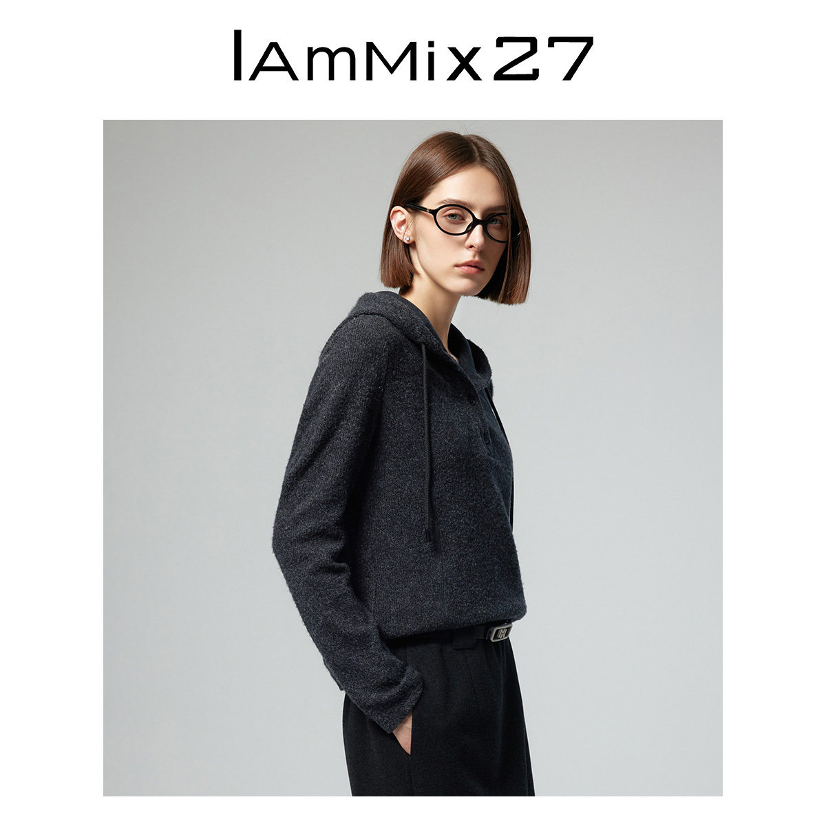IAmMIX27秋冬连帽针织衫女短款软糯绒感保暖简约休闲百搭套头毛衫 - 图2