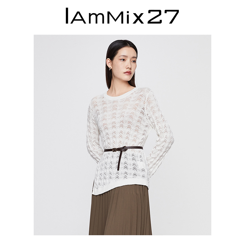 IAmMIX27套头针织衫女个性不对称开衩镂空提花白色圆领针织上衣女-图2