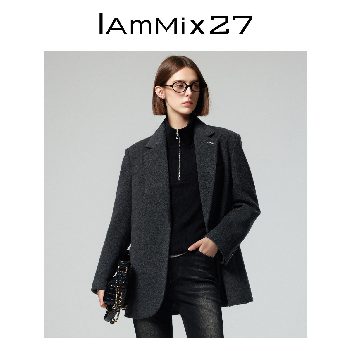 IAmMIX27秋冬毛呢外套女宽松加厚保暖黑色百搭纯羊毛休闲毛呢西服,淘宝优惠券,粉丝福利购,淘宝优惠卷