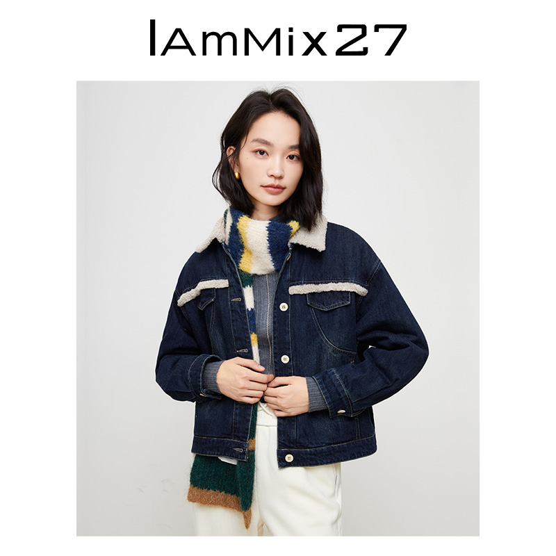 IAmMIX27加厚牛仔夹棉外套女冬季落肩宽松仿羊羔毛拼接翻领棉服女