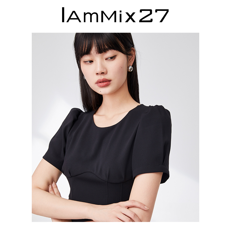 IAmMIX27修身圆领连衣裙女法式花苞抽褶泡泡袖黑色高腰A字裙子女