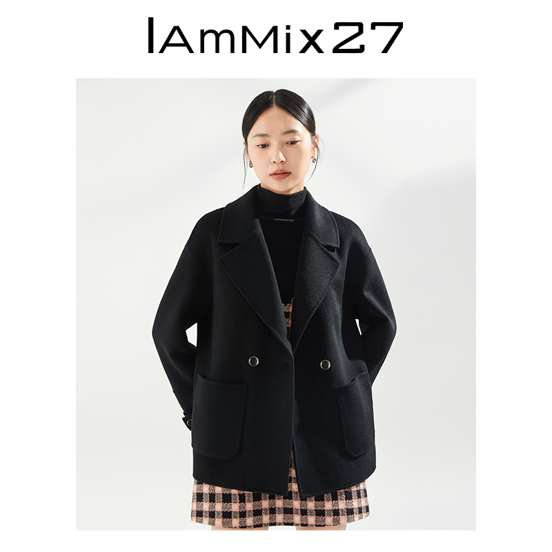 IAmMIX27冬季全羊毛外套女韩版百搭黑色落肩西装领保暖毛呢大衣女