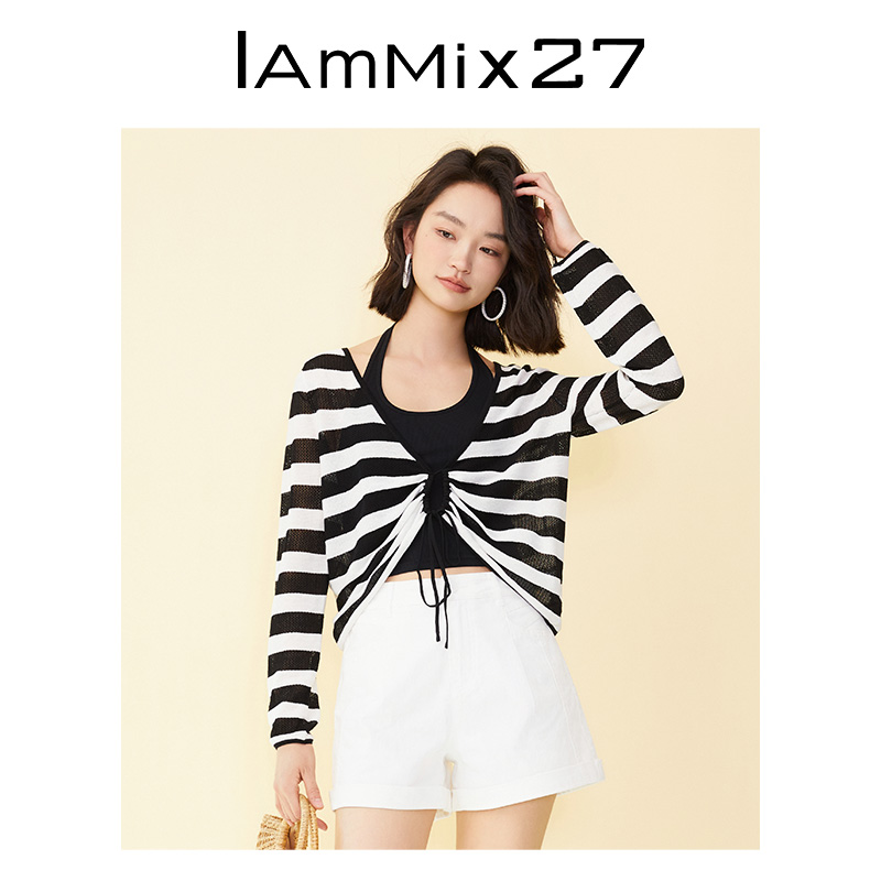 IAmMIX27春夏v领套头薄针织衫女宽松休闲百搭条纹吊带背心两件套