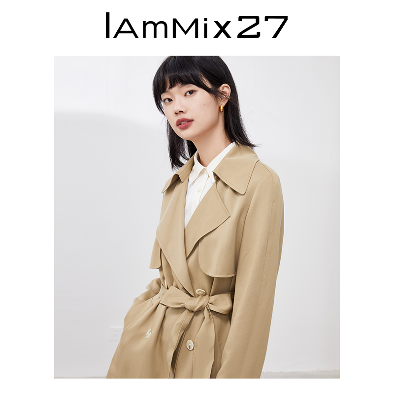 IAmMIX27中长款风衣女时尚英伦风经典大翻领宽松通勤OL气质外套女 - 图1