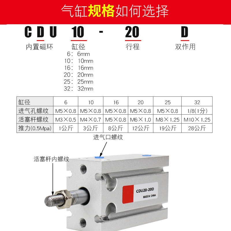 贴片机小型气缸CDU10-5D/10D/15D/20/25D杆不旋转CDUK10*30/40D-图1