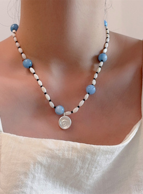 海洋蓝贝壳串珠时髦项链女个性轻