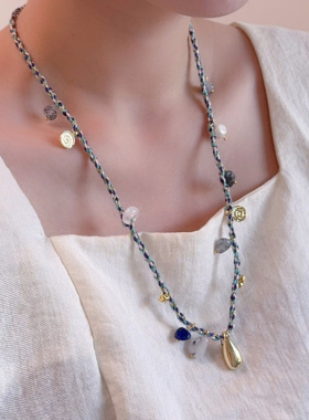 手工编织绳水滴吊坠长项链女蓝色