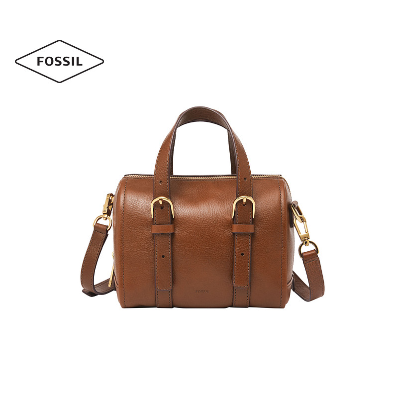 fossil化石棕色真皮春季波士顿包 fossil箱包女士包袋