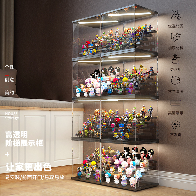 适用公仔手办带灯收纳盒积木模型亚克力透明展示盒盲盒潮玩防尘罩 - 图1