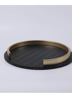 简约现代编织皮革金属黑钛托盘摆件样板间家居客厅桌面收纳装饰品
