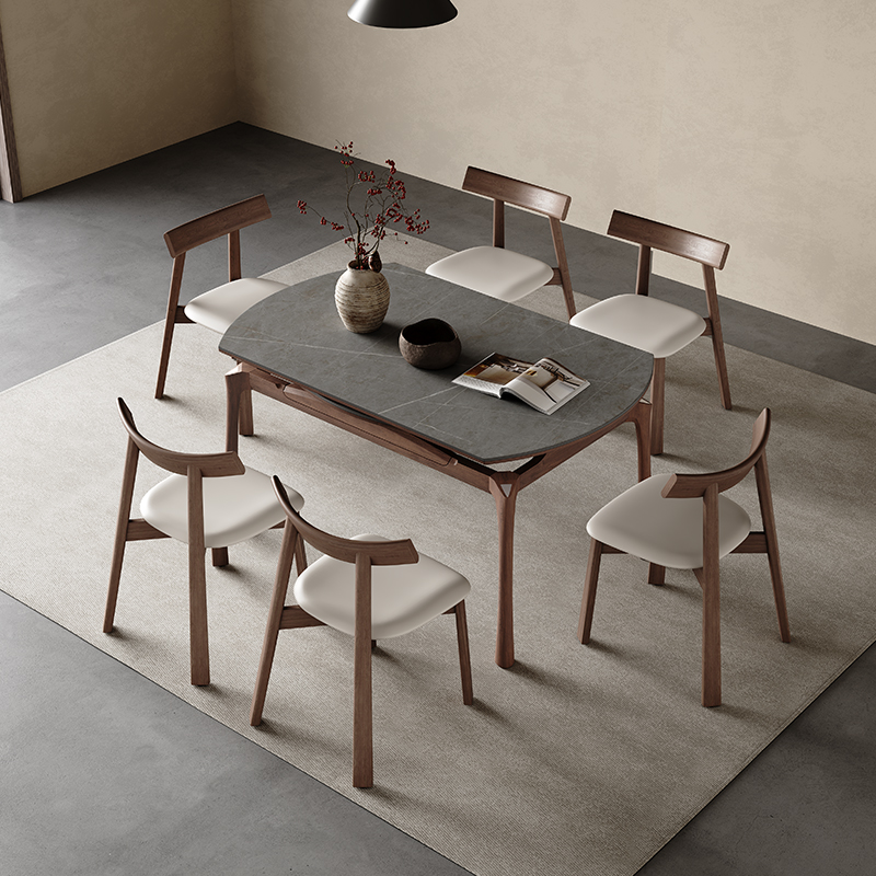 极简伸缩岩板餐桌方圆两用全托设计师款北欧家用小户型实木圆桌 - 图1