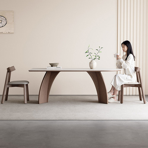 奥古斯特玛奇朵半圆岩板餐桌意式极简家用2025新款长方形实木餐桌 - 图0