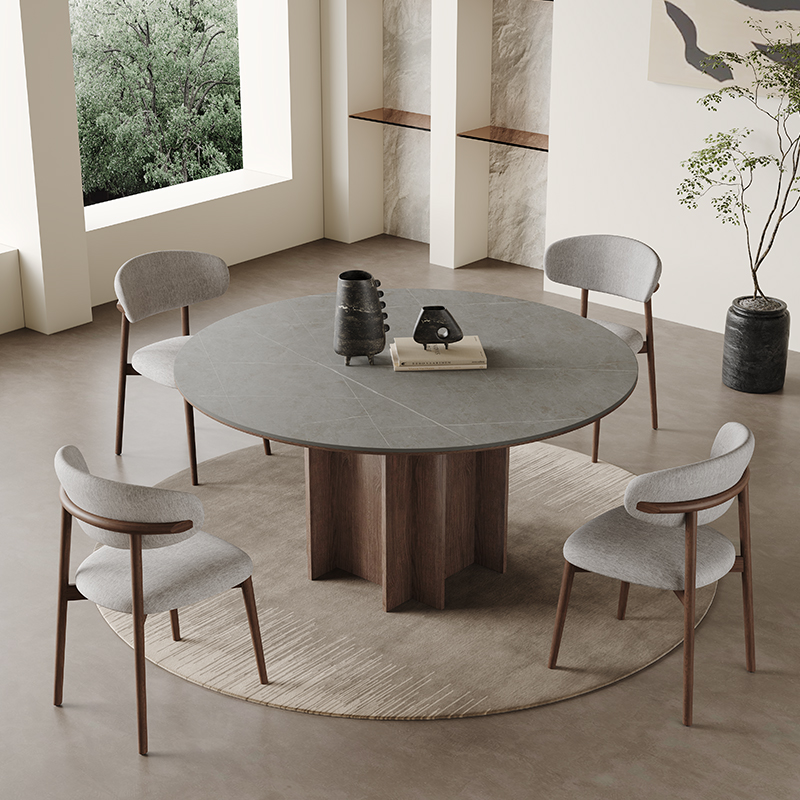 法式中古风实木餐桌圆形带转盘家用现代简约橡木灰色北欧岩板餐桌-图2
