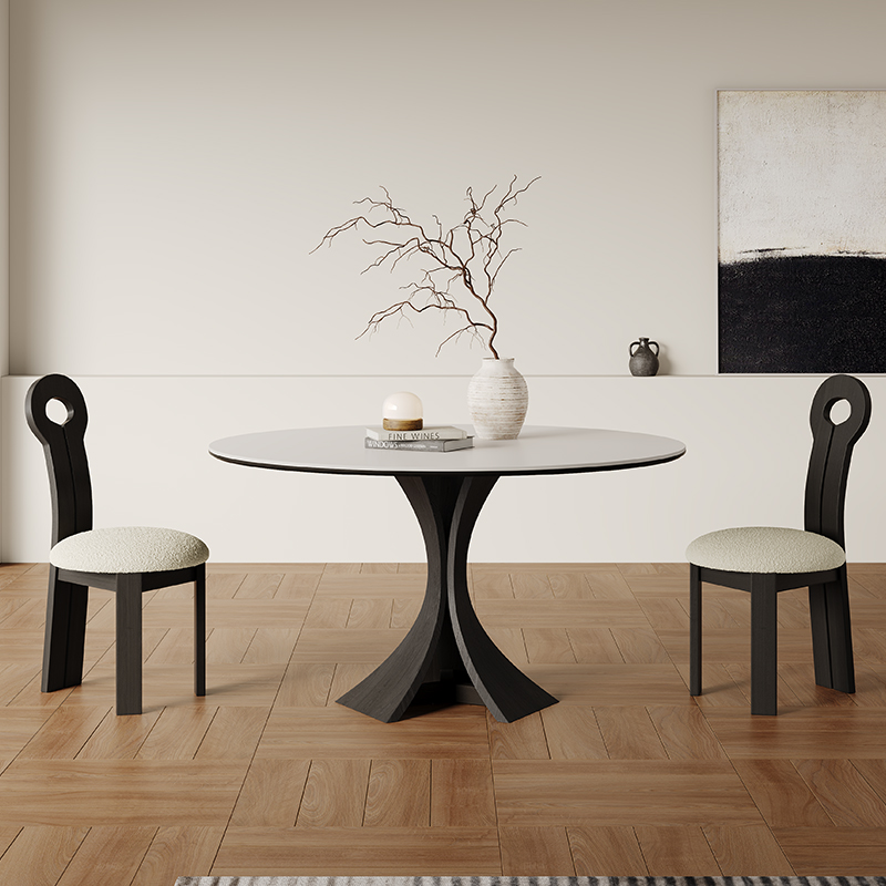纯白岩板餐桌法式复古进口轻奢现代1.5米圆桌意式6人圆形实木餐桌