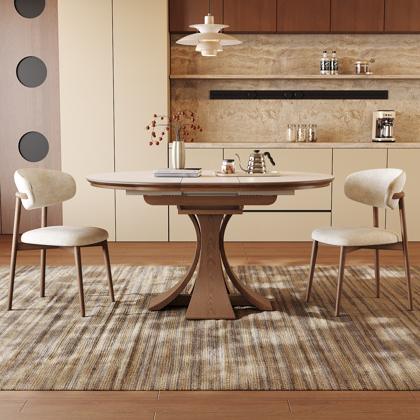 岩板餐桌可伸缩中古风家用小户型折叠长桌现代简约可变圆实木餐桌,淘宝优惠券,粉丝福利购,淘宝优惠卷