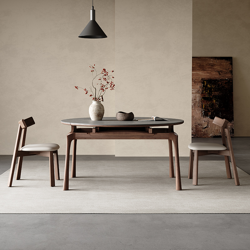 极简伸缩岩板餐桌方圆两用全托设计师款北欧家用小户型实木圆桌 - 图0