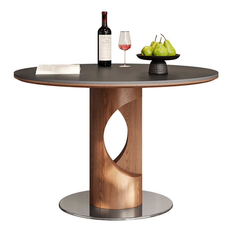 奥古斯特实木餐桌圆桌中古风家用小户型新款1米圆形黑色岩板餐桌,淘宝优惠券,粉丝福利购,淘宝优惠卷