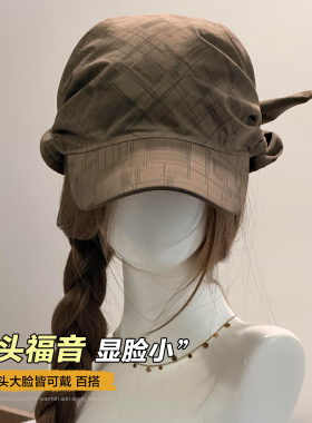 复古格纹绑带棒球帽大头围宽帽檐