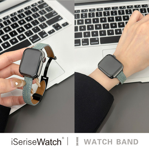 iserisewatch适用applewatch11表带iwatch9/7苹果手表10代皮质se/6牛仔布磁吸细款41/45mm小众女创意高级夏天 - 图1