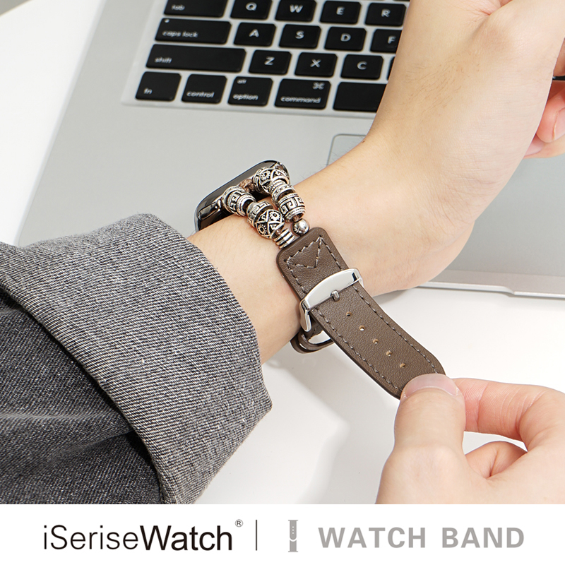 iserisewatch适用apple watchs8表带iwatchs9苹果手表皮质se/7/6小众新款串珠藏银41/45mm男女创意高级新中式 - 图1