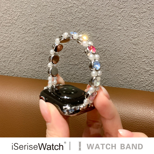 iserisewatch适用苹果11代手表iWatchs10表带ApplewatchS8夏天女SE多巴胺闪钻表链ultra贝母珠41mm高级创意6 - 图0
