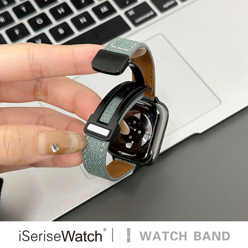 iserisewatch适用applewatch11表带iwatch9/7苹果手表10代皮质se/6牛仔布磁吸细款41/45mm小众女创意高级夏天 - 图2