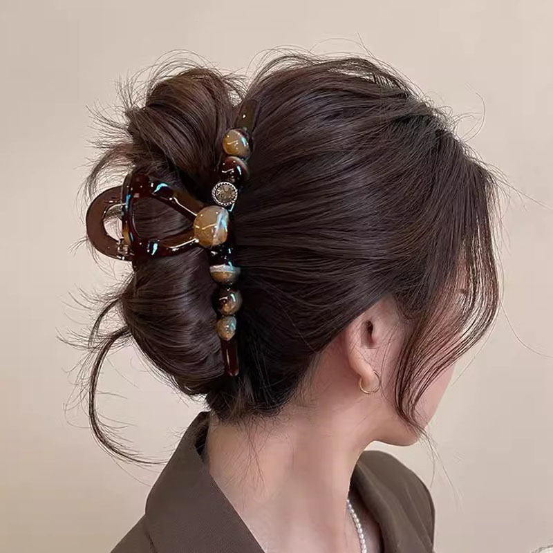 玲珑剔透！复古圆珠抓夹！新款发夹女后脑勺盘发鲨鱼夹子大号发饰