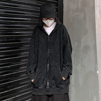 ເສື້ອຢືດ cardigan ສູງ street dark style brand trendy in American vintage couple washed and distressed hooded loose jacketed hooded sweatshirt