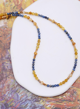 Timee恬觅 秋慕 天然蓝石图画石金虎眼进口琉璃14K美包项链锁骨链